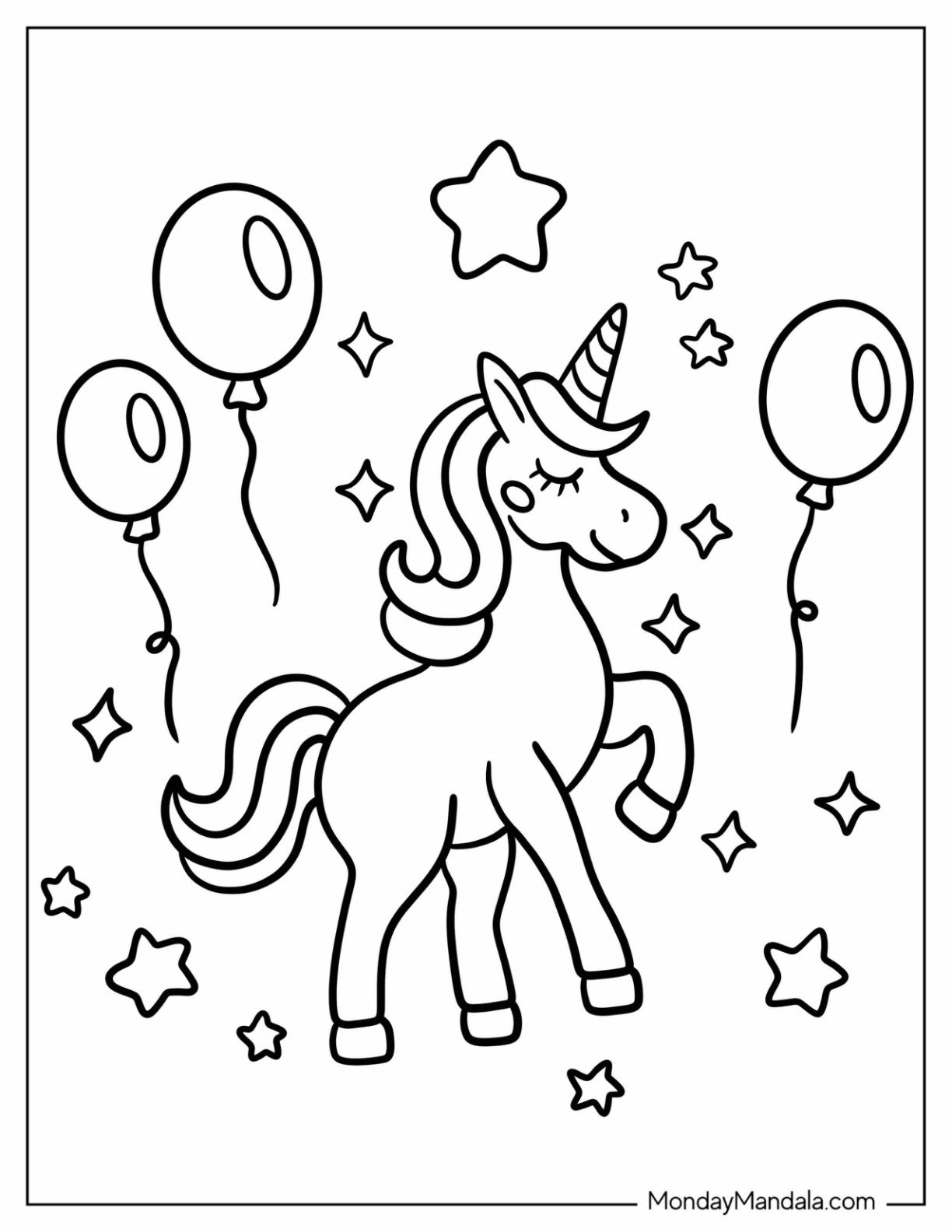 Sassy Unicorn Coloring Page Trotting With Stars And Balloons In The Background