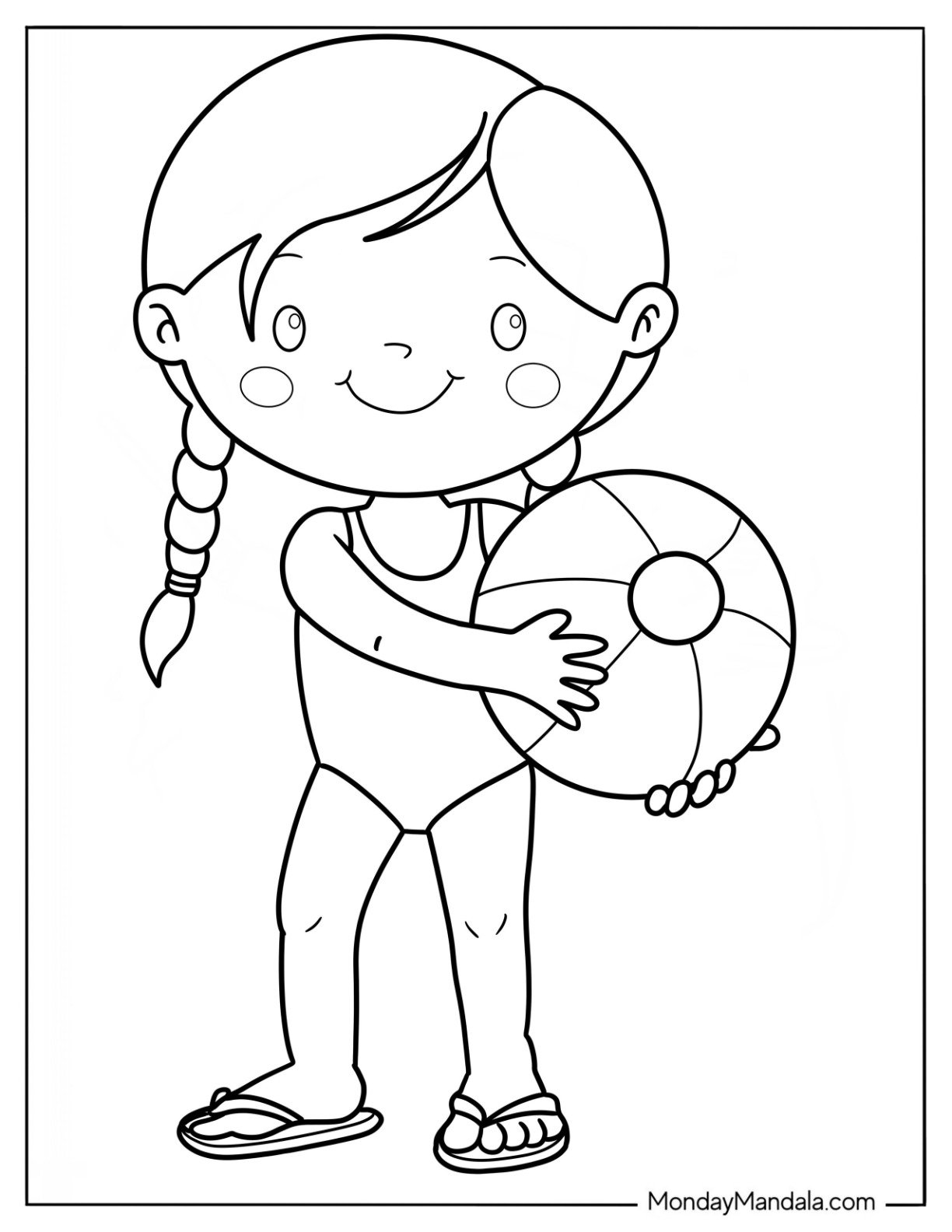 Simple Girl In Swimsuit With A Beach Ball Summer Coloring Page For Kids