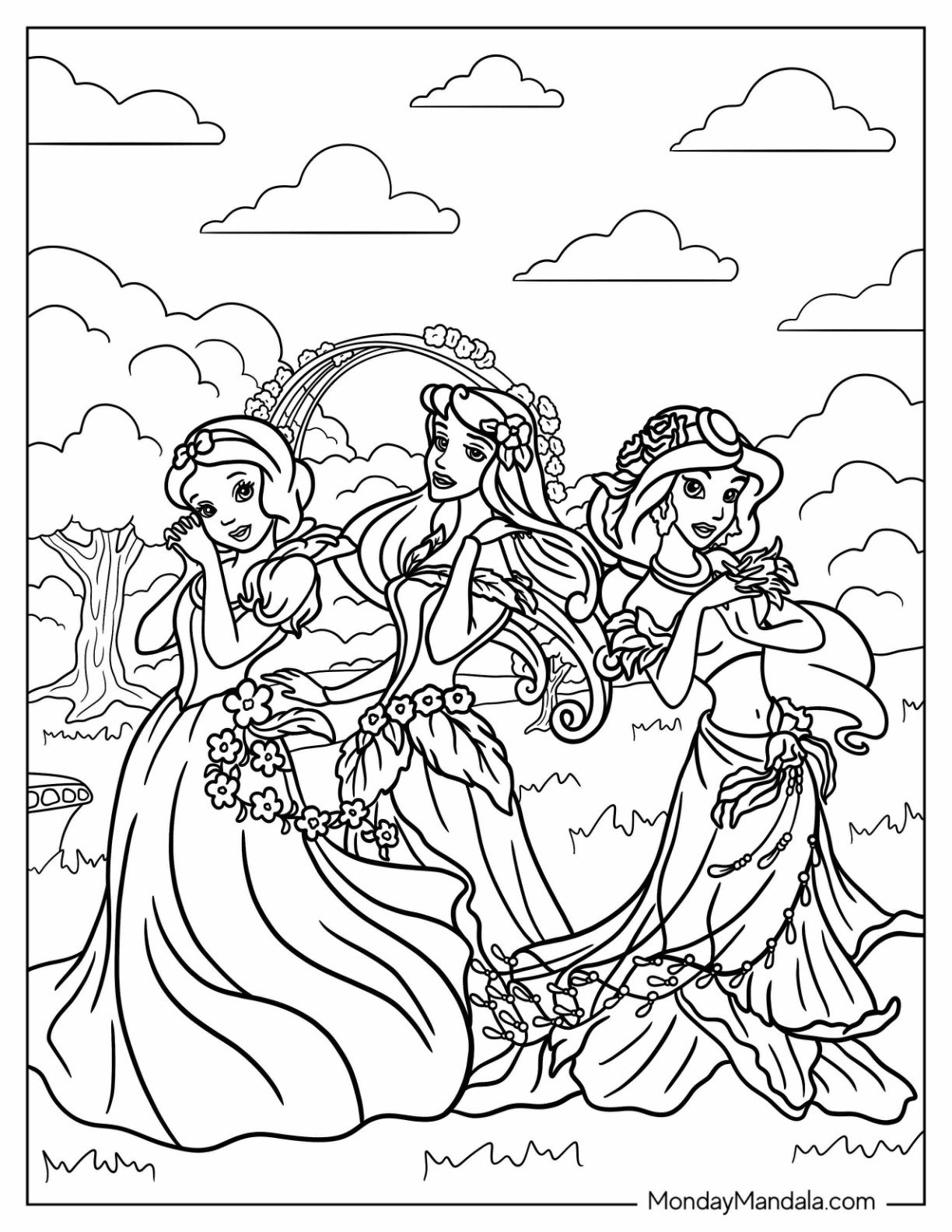 Disney Princess Coloring Page Of Snow White, Aurora, And Jasmine Surrounded With Flowers