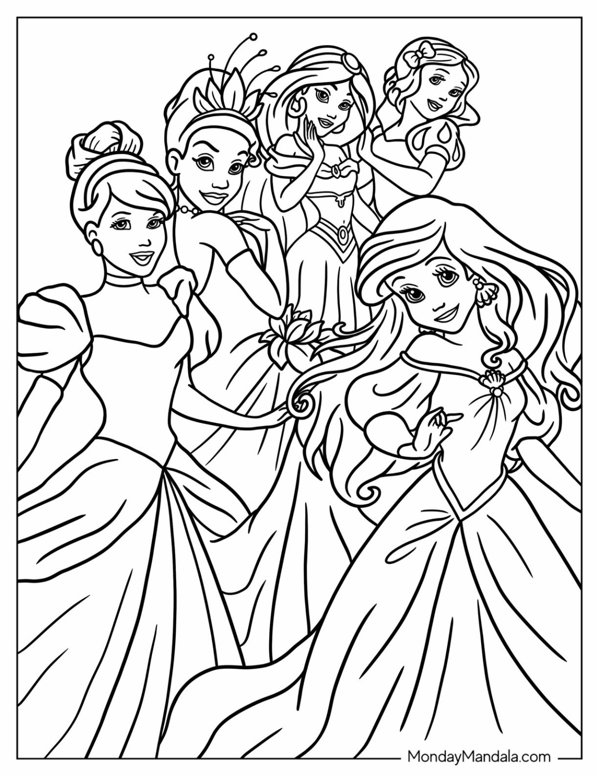 Disney Princess Coloring Page Of Snow White, Jasmine, Tiana, Cinderella, And Ariel