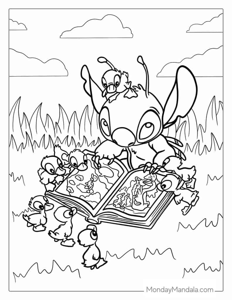 Stitch Reading a Book Do Duckings Coloring Page