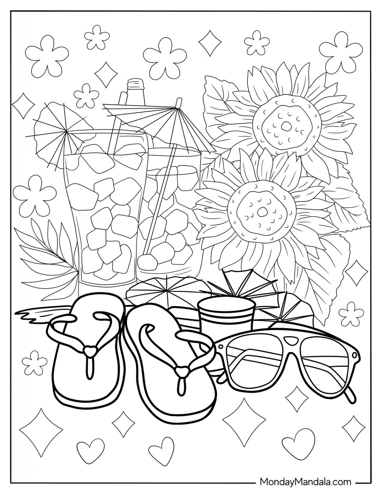 Summer Coloring Page Of Drink, Flowers, Sunglasses, And Flip Flops