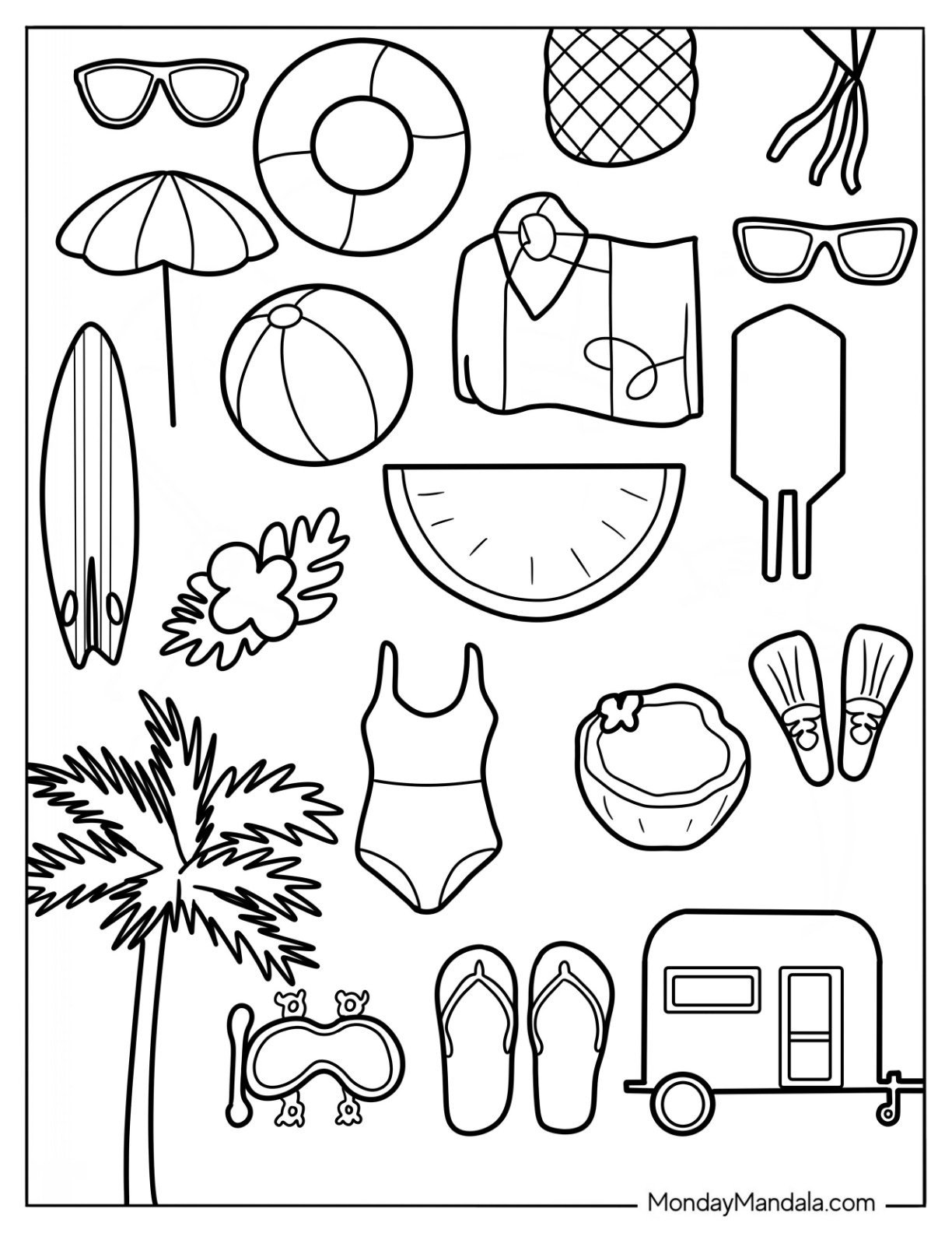 Summer Coloring Page Of Flowers, Swimsuit, Hat, Camper Van, Tree, Surfboard, And Drinks