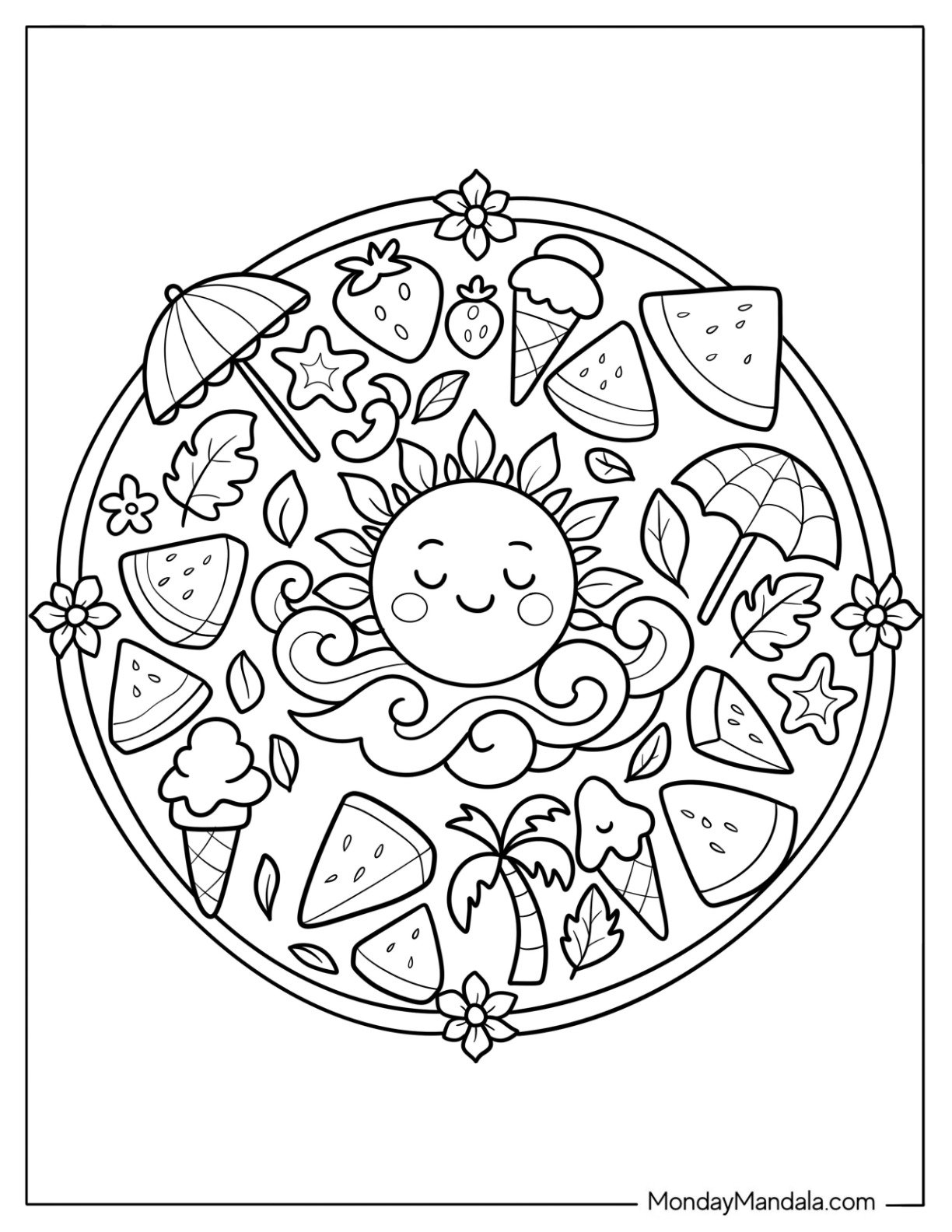 Summer Coloring Page Mandala with Smiling Sun, Watermelon Slices, and Ice Cream For Kids