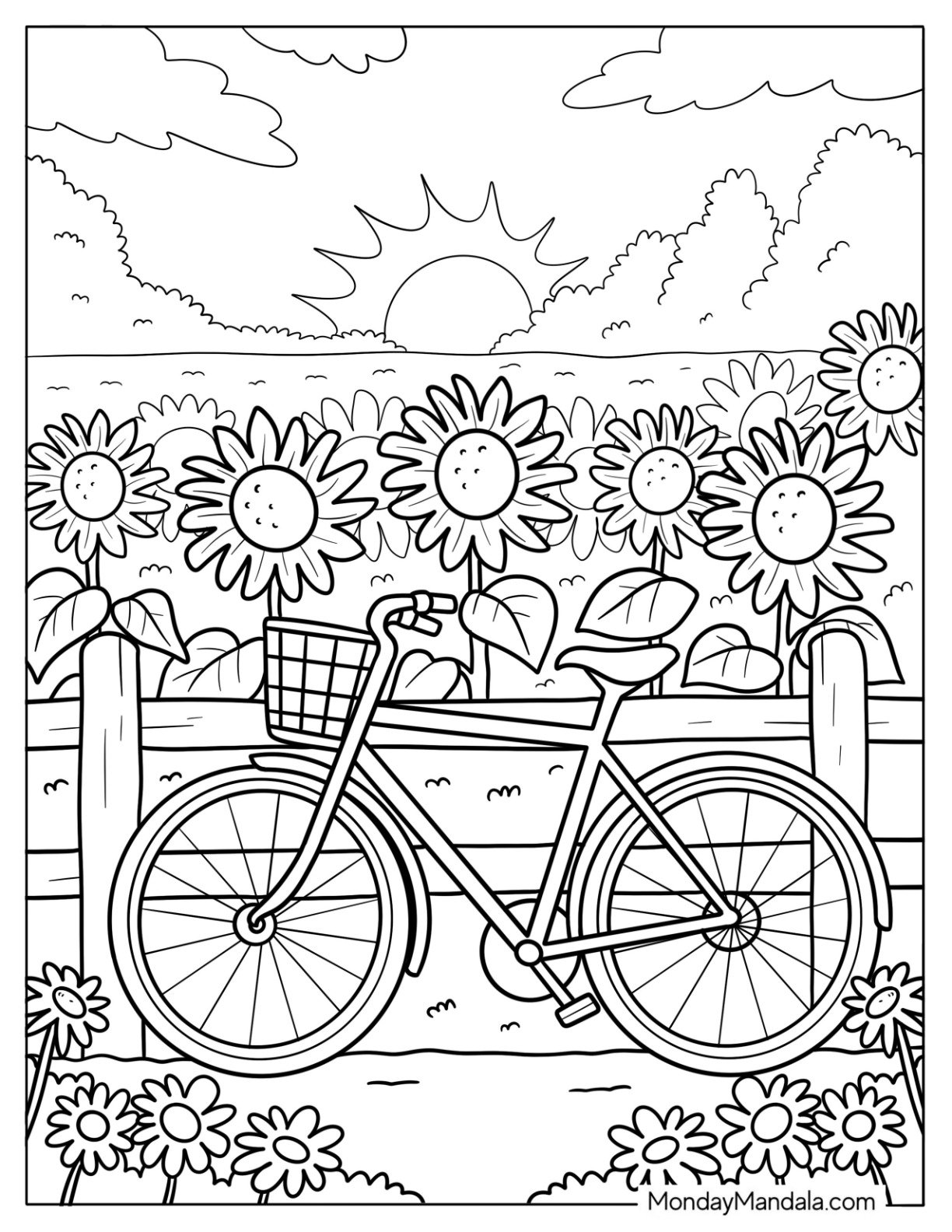 Summer Coloring Page Morning with Bicycle by a Wooden Fence and Sunny Flower Field
