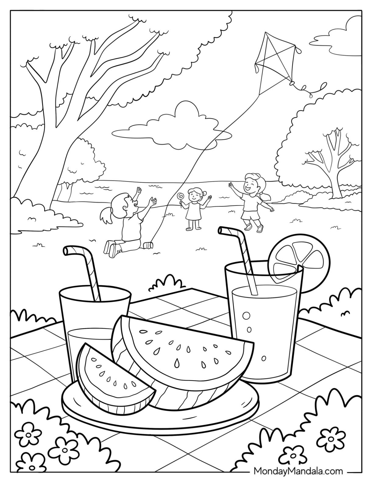 Summer Coloring Page Picnic with Watermelon Slices, Lemonade, and Kids Flying Kites