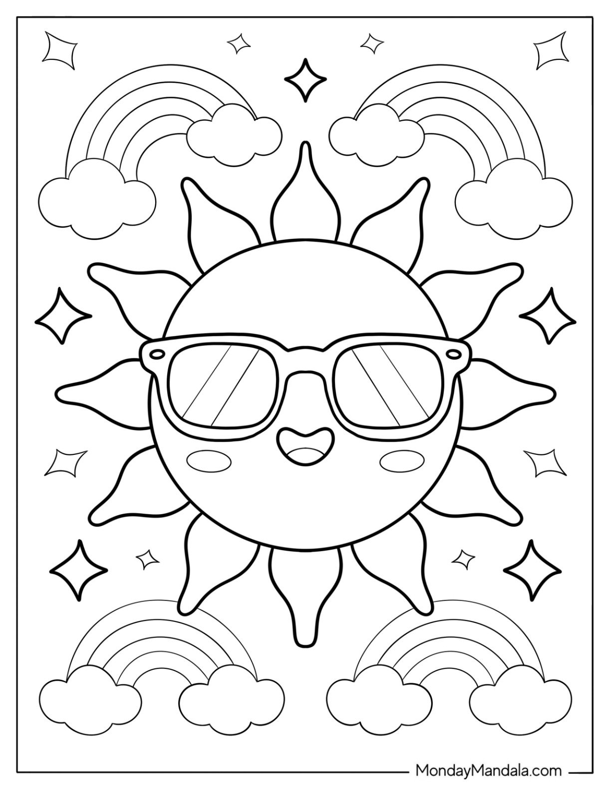 Summer Coloring Page of Sun with Sunglasses, Sparkles, and Rainbows for Kids