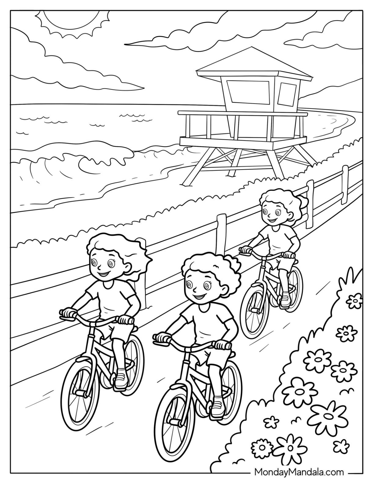 Three Girls Riding Bicycle Near the Beach in Summer Coloring Page
