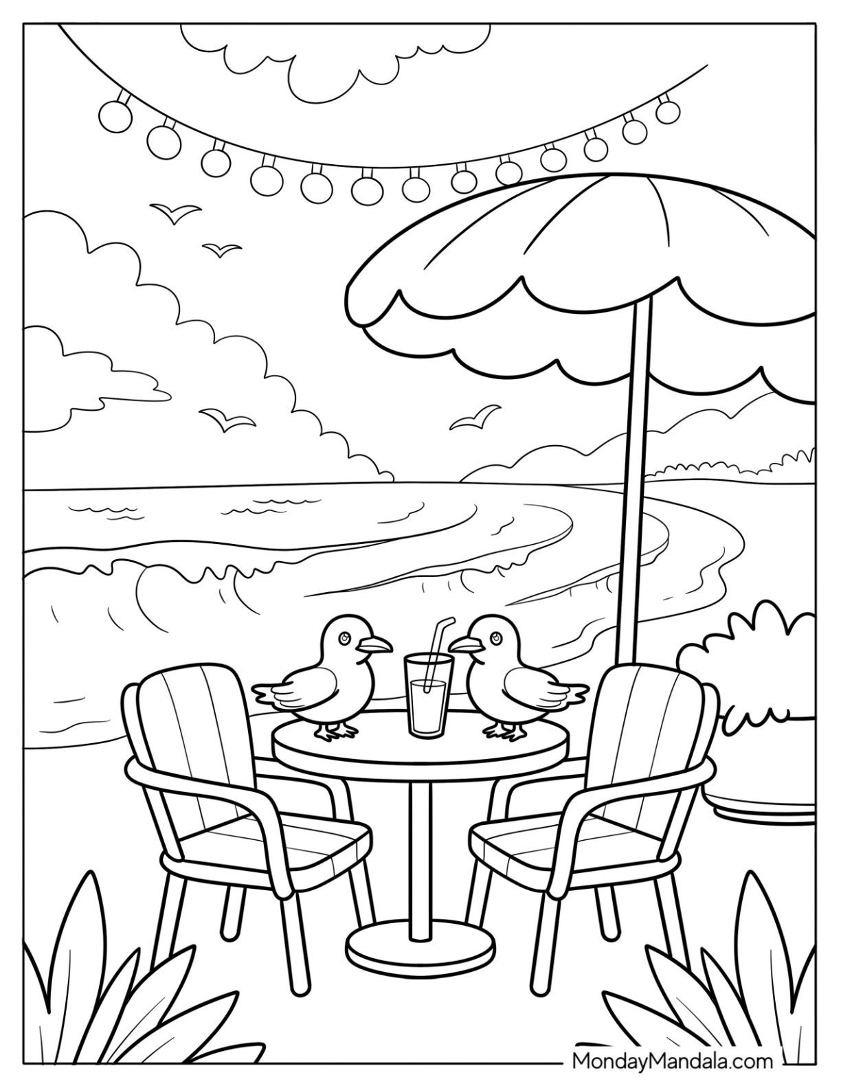 Summer Coloring Page of Two Birds on a Beach Table with Drink Between Them