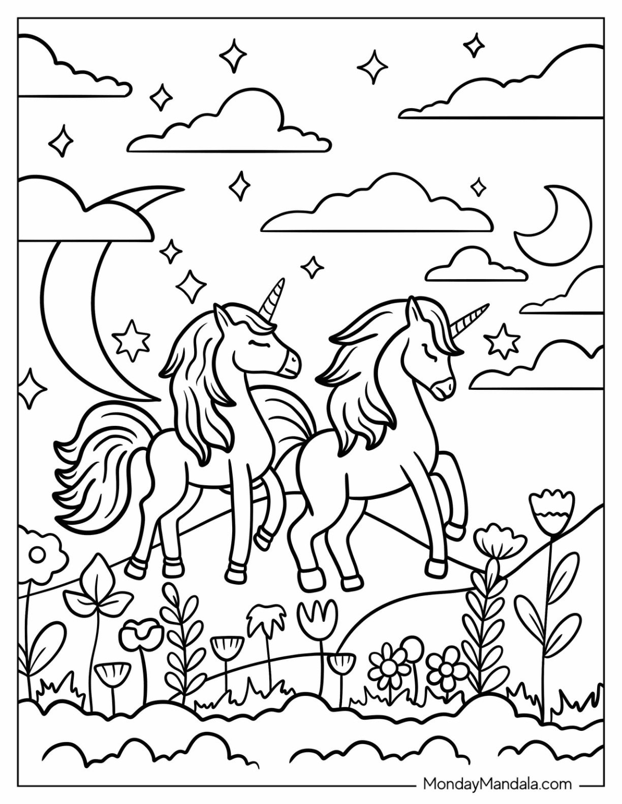 Two Unicorn Coloring Page Trotting Through The Hills At Night