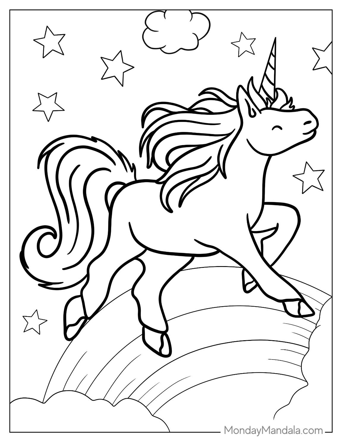 Unicorn Coloring Page Creature Jumping Over Rainbow