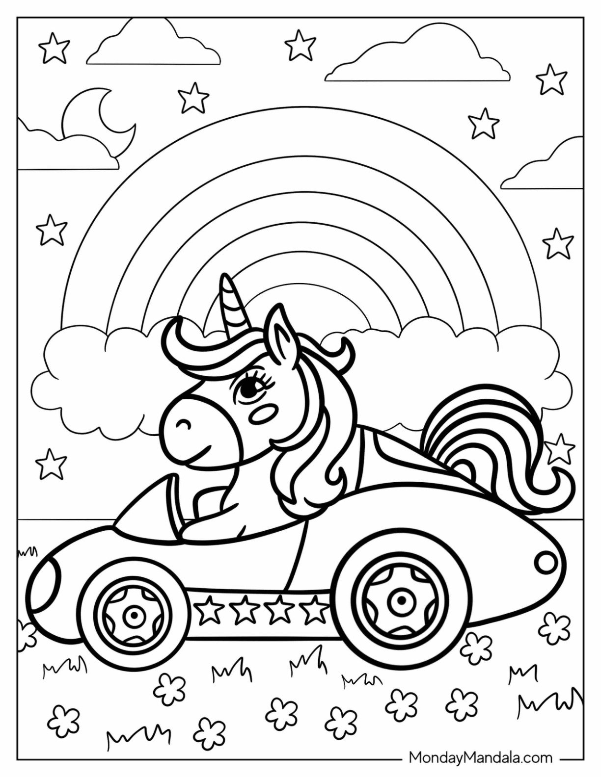 Unicorn Coloring Page Driving A Sports Car With Rainbows And Stars