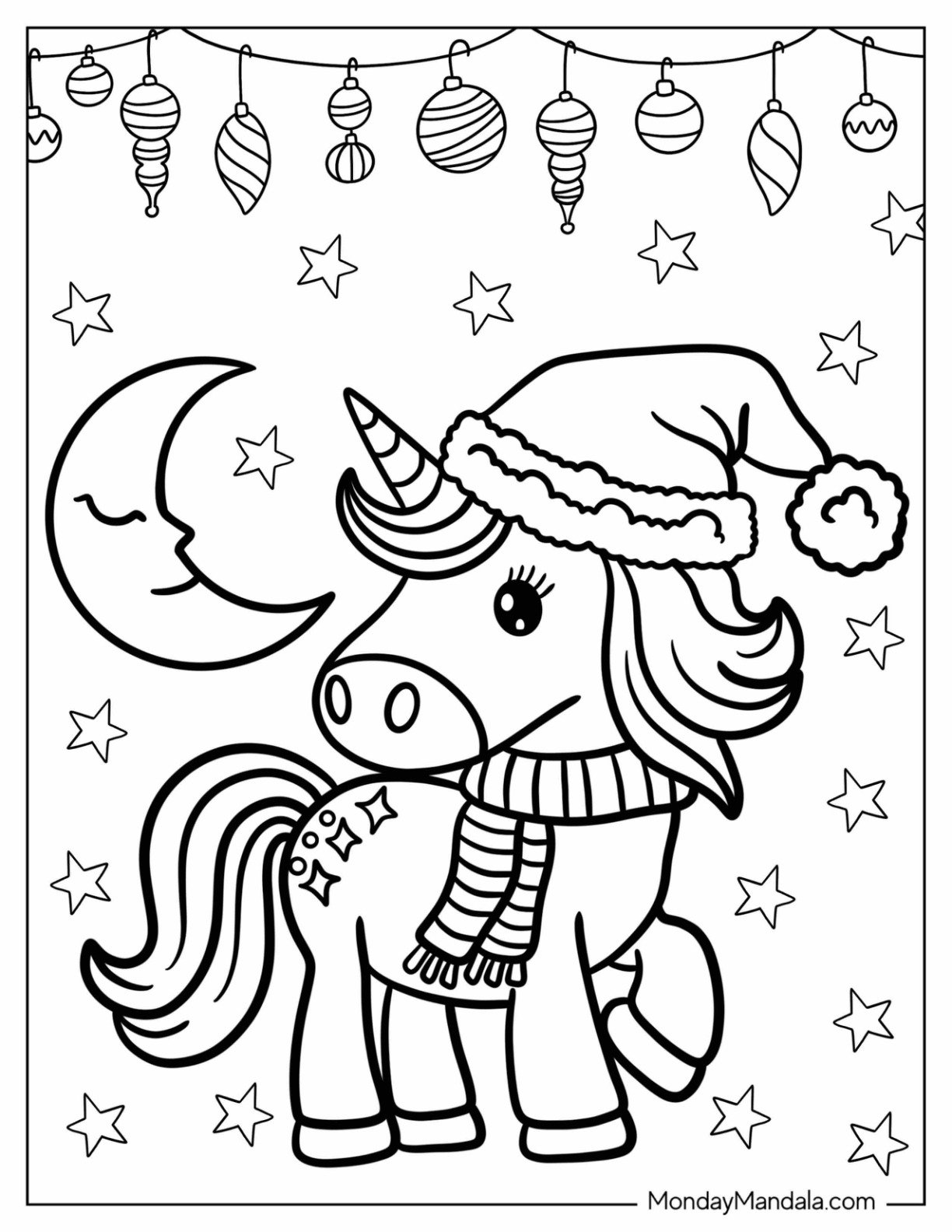 Unicorn Coloring Page In Santa Hat And Striped Scarf With Crescent Moon In The Back