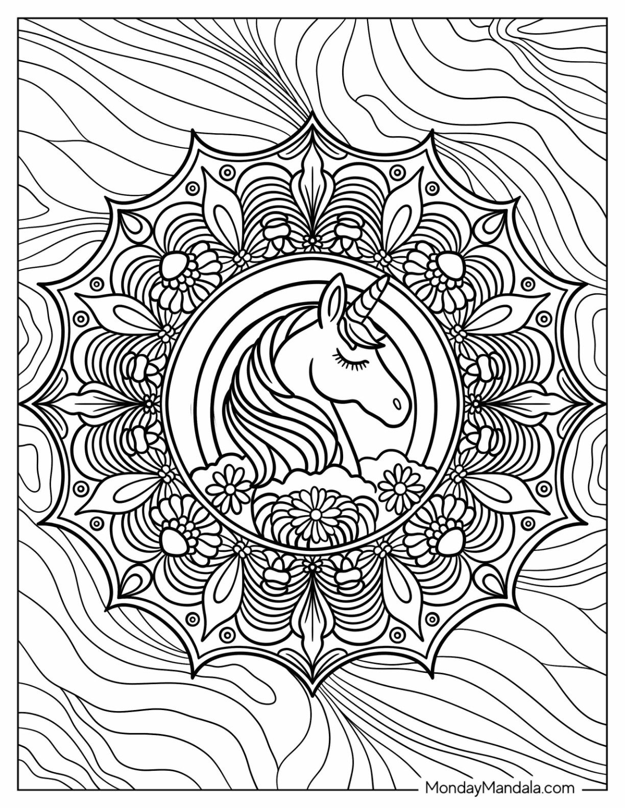 Unicorn Coloring Page Mandala With Trippy Background