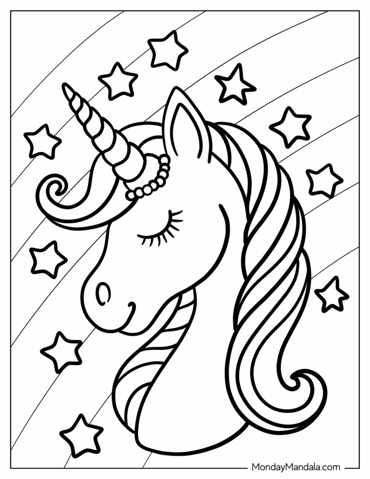 Unicorn Coloring Page Portrait Wearing Pearls