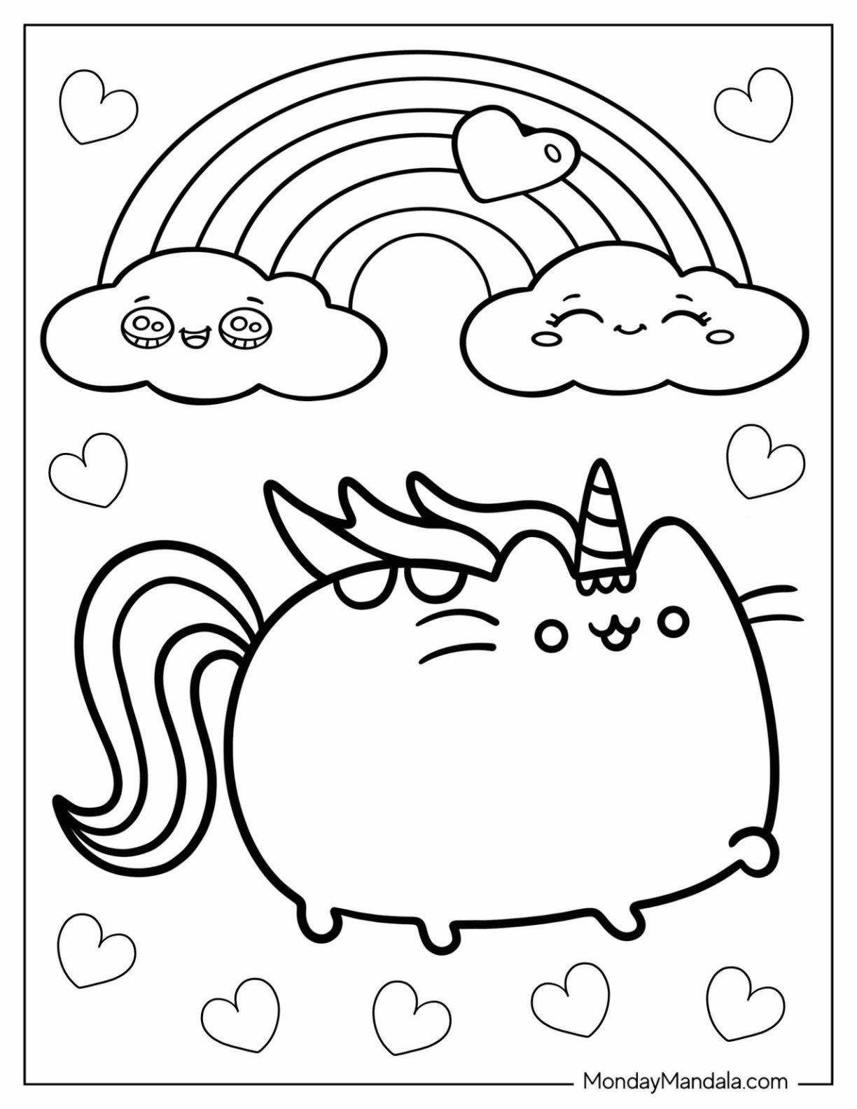 Unicorn Coloring Page Pusheen With Love Hearts And A Rainbow For Preschoolers