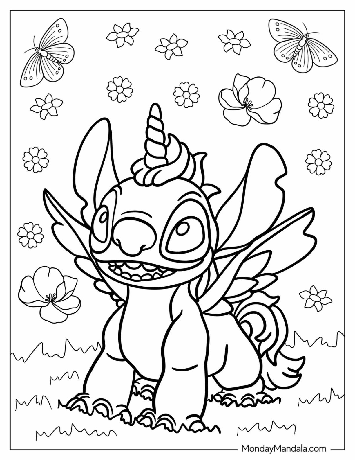 Unicorn Coloring Page Stitch With Wings For Kids
