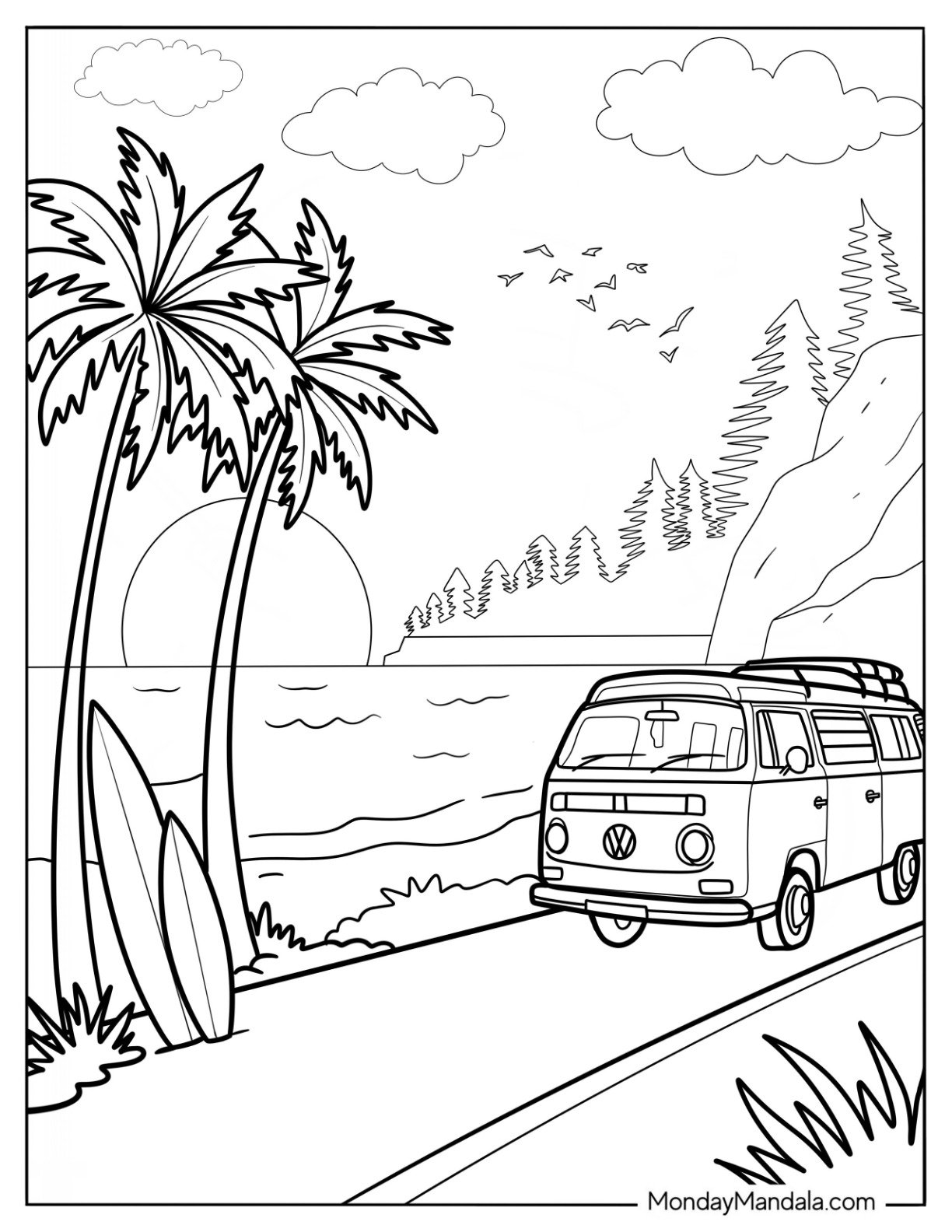 Volkswagen Driving Through A Beach In Summer Coloring Page