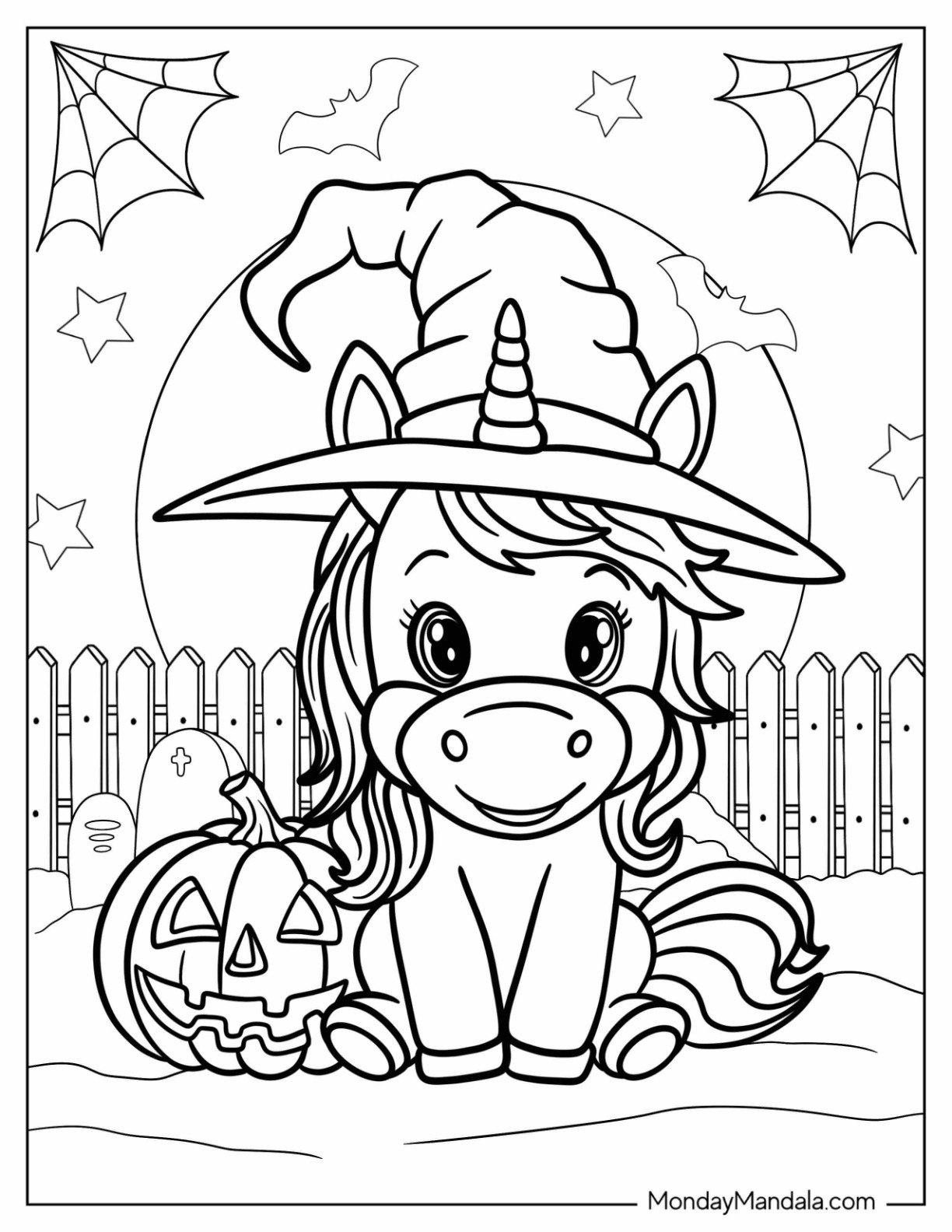 Young Unicorn Coloring Page Wearing A Witch s Hat At The Cemetery On Halloween